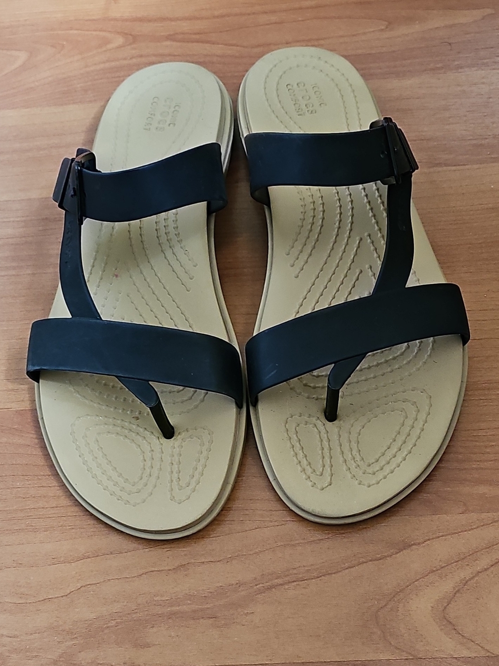 CROCS Black and Beige T-Strap Women's Sandals